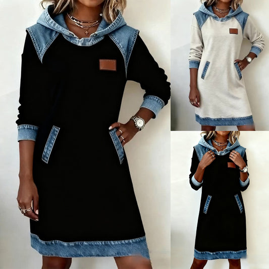 🌷🌞Zimní novinka Módní džínové patchworkové šaty s kapucí