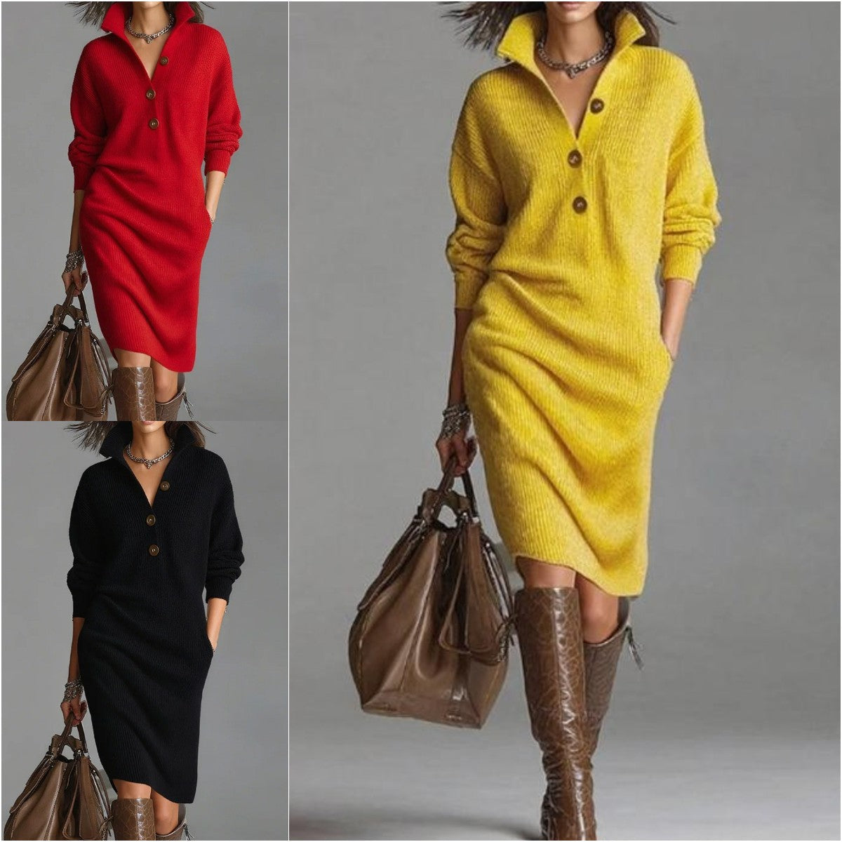 🔥【S-3XL】 Nové evropské a americké pletené šaty s límečkem v novém stylu