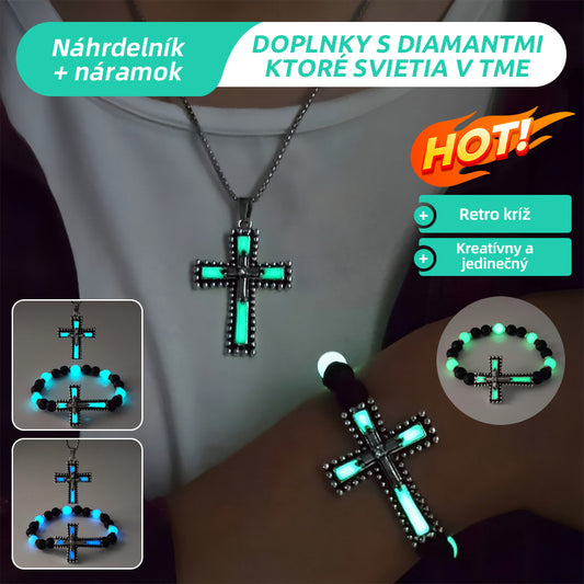 💥Unikátní sada hip-hopového retro náhrdelníku a náramku s křížkem, zdobenými kamínky a vynikajícím efektem svítícím ve tmě.