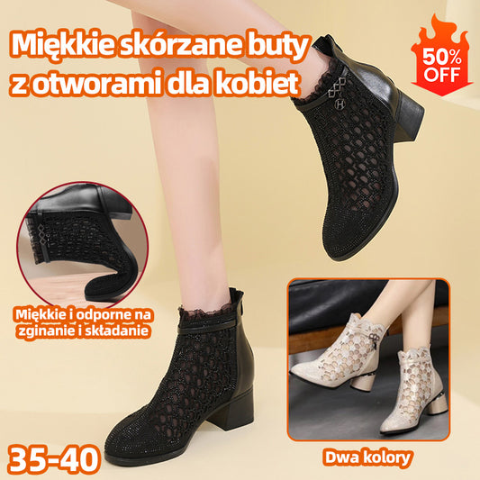 ✨👠Damskie skórzane, casualowe buty na klockowym obcasie z siateczki z miękkiej siateczki kryształowej i siateczki